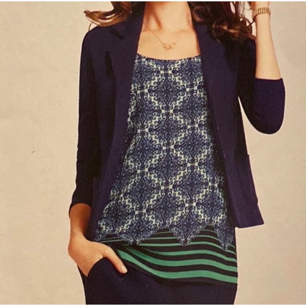 Cabi Cami Women Large Green Navy Damask Striped Excellent Adjustable Strap 107